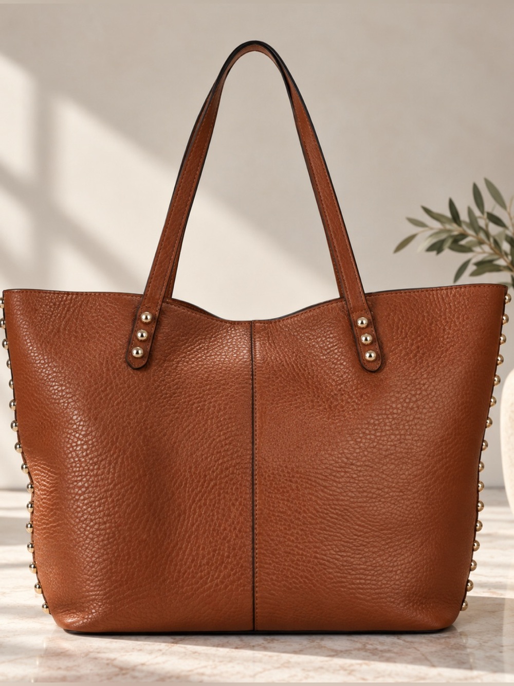 REBECCA MINKOFF BROWN PEBBLED LEATHER STUDDED TOTE - Picture 3 of 11